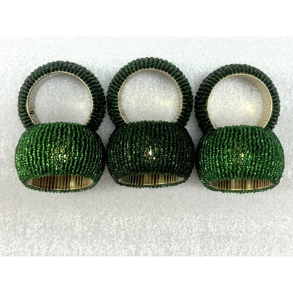 Green Beaded Napkin Rings Set Of 6 Holiday Table Décor Christmas Decoration - Picture 1 of 2